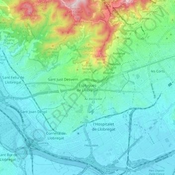 Mapa topográfico Esplugues de Llobregat, altitud, relieve