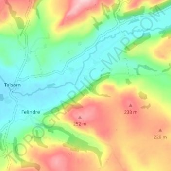 Mapa topográfico Abermeurig, altitud, relieve
