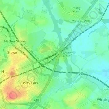 Mapa topográfico Streethay, altitud, relieve