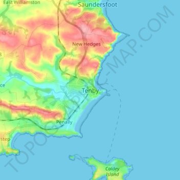 Mapa topográfico Tenby, altitud, relieve