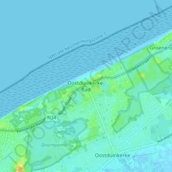 Mapa topográfico Oostduinkerke-Bad, altitud, relieve