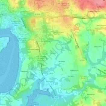 Mapa topográfico Kervoalic, altitud, relieve