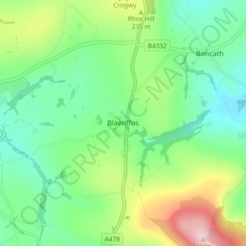Mapa topográfico Blaenffos, altitud, relieve