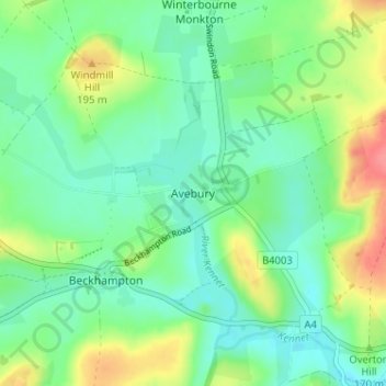 Mapa topográfico Avebury, altitud, relieve