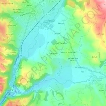 Mapa topográfico Puechroux, altitud, relieve