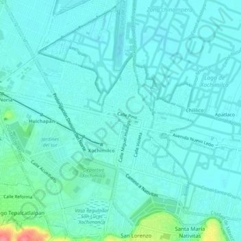 Mapa topográfico Xochimilco, altitud, relieve