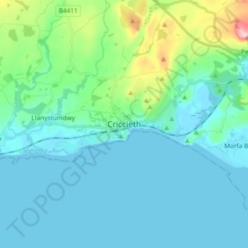 Mapa topográfico Criccieth, altitud, relieve