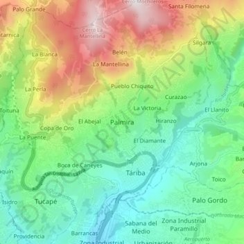 Mapa topográfico Palmira, altitud, relieve