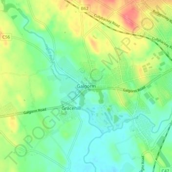 Mapa topográfico Galgorm, altitud, relieve
