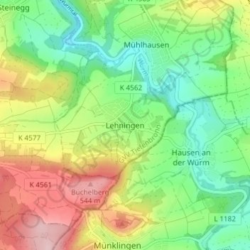 Mapa topográfico Lehningen, altitud, relieve