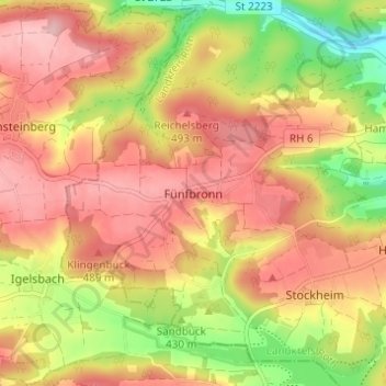 Mapa topográfico Fünfbronn, altitud, relieve