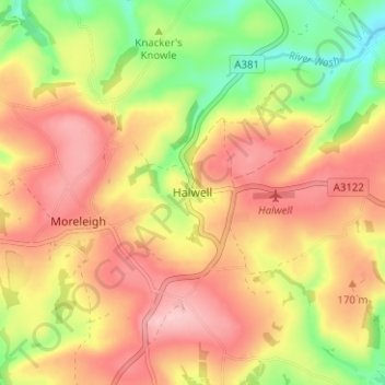 Mapa topográfico Halwell, altitud, relieve