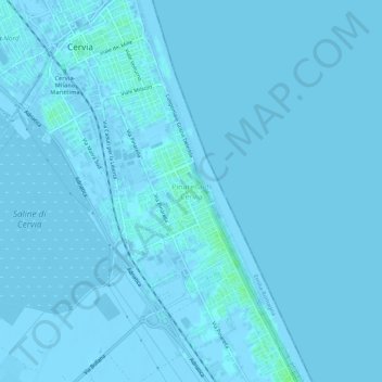 Mapa topográfico Pinarella di Cervia, altitud, relieve