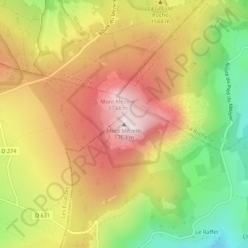 Mapa topográfico Mont Mézenc, altitud, relieve
