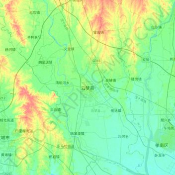 Mapa topográfico Yunmeng, altitud, relieve