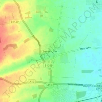 Mapa topográfico Leasingham, altitud, relieve