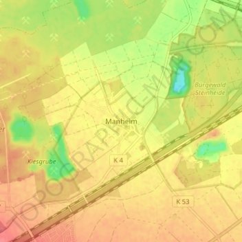 Mapa topográfico Manheim, altitud, relieve