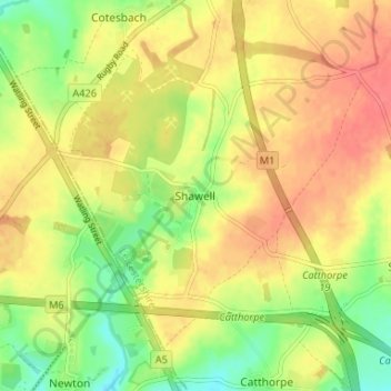 Mapa topográfico Shawell, altitud, relieve