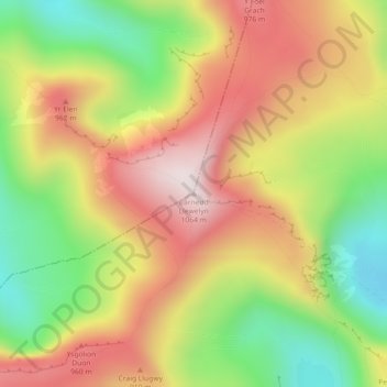 Mapa topográfico Carnedd Llewelyn, altitud, relieve