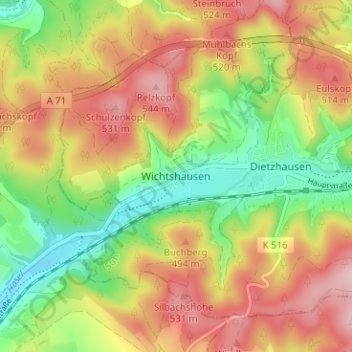 Mapa topográfico Wichtshausen, altitud, relieve