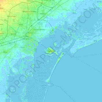 Mapa topográfico Venezia, altitud, relieve