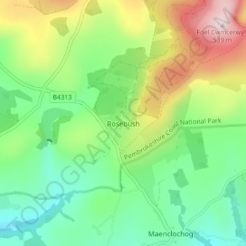Mapa topográfico Rosebush, altitud, relieve