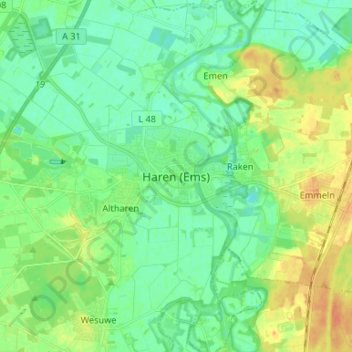 Mapa topográfico Haren (Ems), altitud, relieve