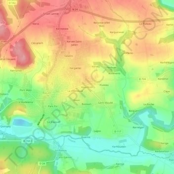 Mapa topográfico Kerentréh, altitud, relieve