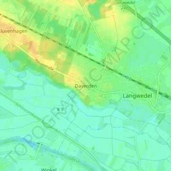 Mapa topográfico Daverden, altitud, relieve