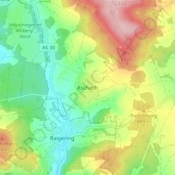 Mapa topográfico Aschach, altitud, relieve