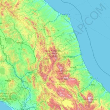 Mapa topográfico Monti Sibillini, altitud, relieve