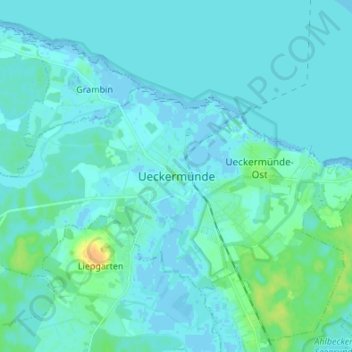 Mapa topográfico Ueckermünde, altitud, relieve