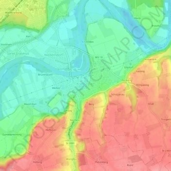 Mapa topográfico Kraiburg am Inn, altitud, relieve