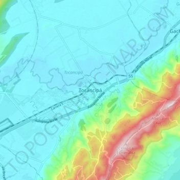 Mapa topográfico Tocancipá, altitud, relieve