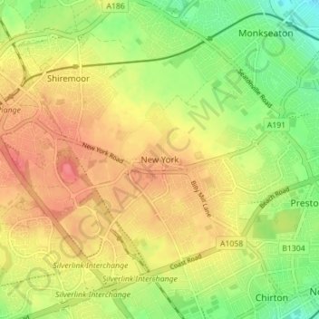 Mapa topográfico New York, altitud, relieve