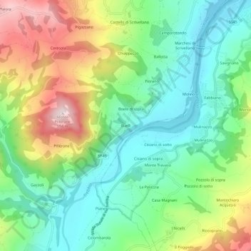 Mapa topográfico Buelli, altitud, relieve