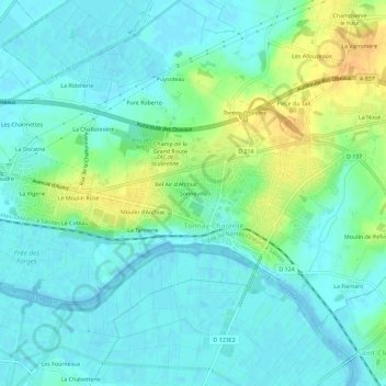 Mapa topográfico Sonneville, altitud, relieve