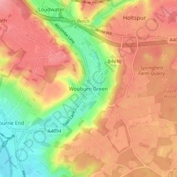 Mapa topográfico Wooburn Green, altitud, relieve