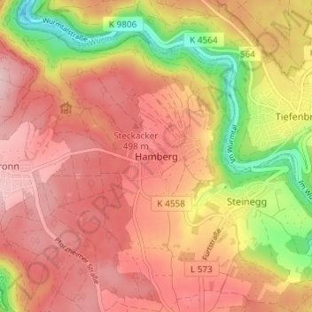 Mapa topográfico Hamberg, altitud, relieve