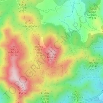 Mapa topográfico Bruncu Nieddu, altitud, relieve