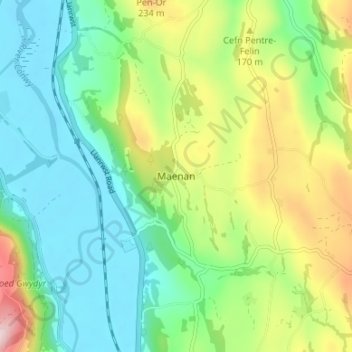 Mapa topográfico Maenan, altitud, relieve