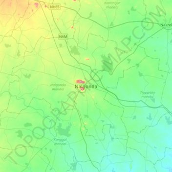Mapa topográfico Nalgonda, altitud, relieve