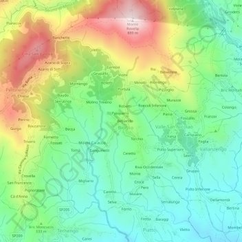 Mapa topográfico Chiesa, altitud, relieve