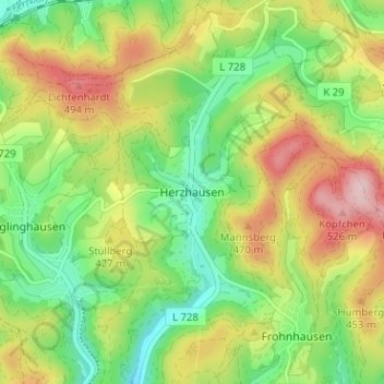 Mapa topográfico Herzhausen, altitud, relieve