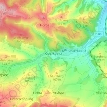 Mapa topográfico Oberköditz, altitud, relieve