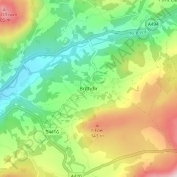 Mapa topográfico Brithdir, altitud, relieve