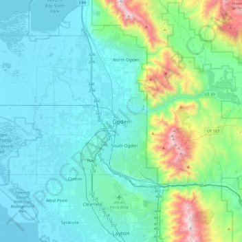 Mapa topográfico Ogden, altitud, relieve