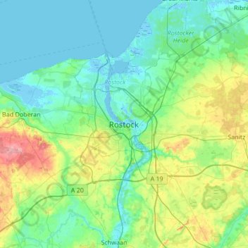 Mapa topográfico Rostock, altitud, relieve