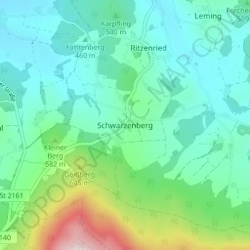 Mapa topográfico Schwarzenberg, altitud, relieve