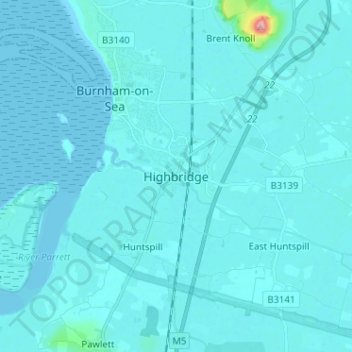 Mapa topográfico Highbridge, altitud, relieve